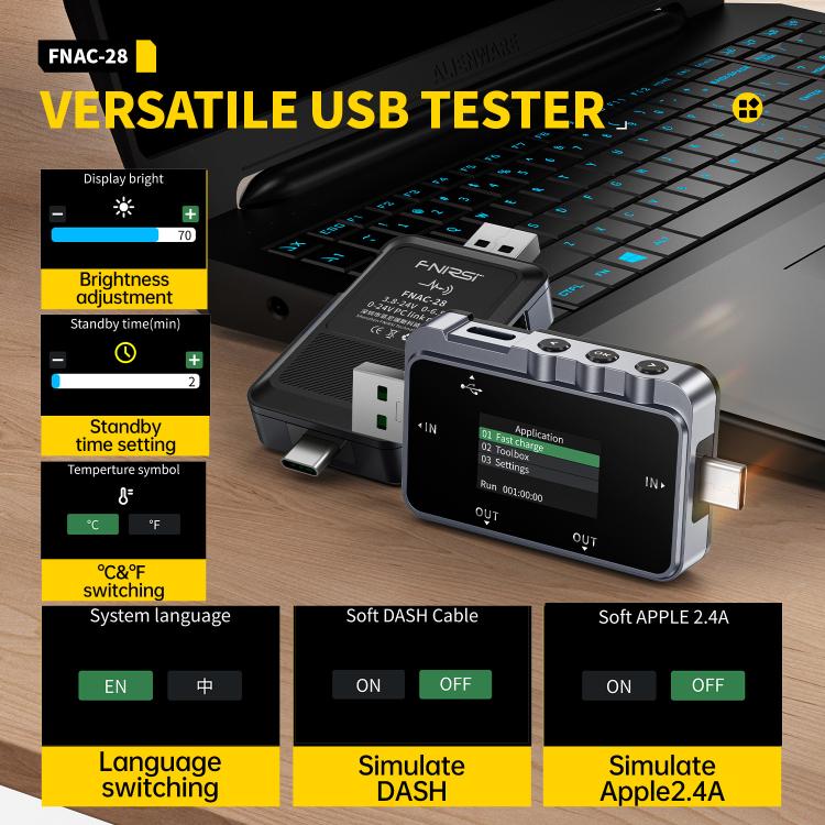 Fnirsi FNAC-28 เครื่องทดสอบตรวจสอบริปเปิลระดับมืออาชีพแบบมัลติฟังก์ชัน Type-C & USB, FNAC-28