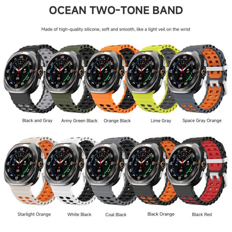 สายรัดนาฬิกาซิลิโคนสองสีแบบรูสองแถวหัวเข็มขัดเงิน Ocean สำหรับ Samsung Galaxy Watch Ultra / Ultra 2025