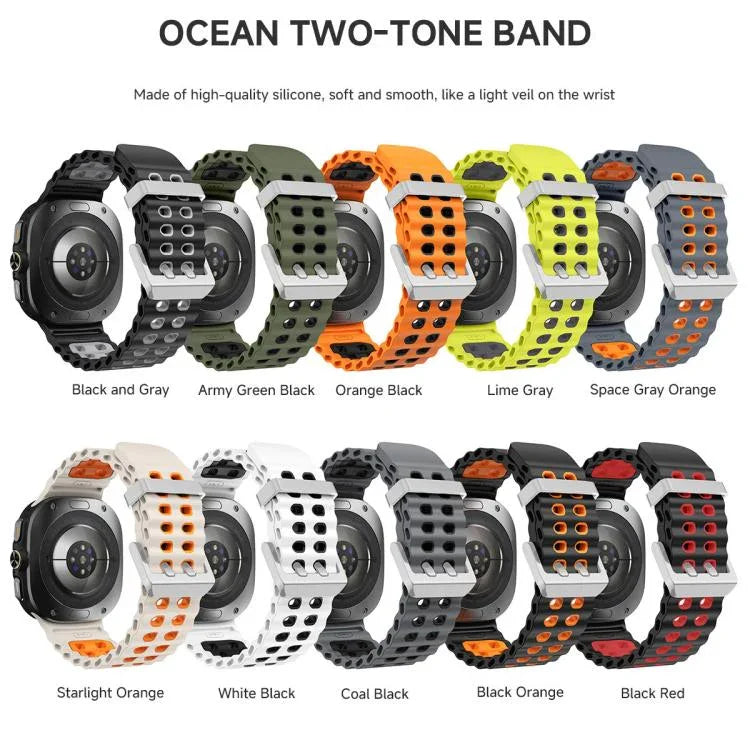 สายรัดนาฬิกาซิลิโคนสองสีแบบรูสองแถวหัวเข็มขัดเงิน Ocean สำหรับ Samsung Galaxy Watch Ultra / Ultra 2025