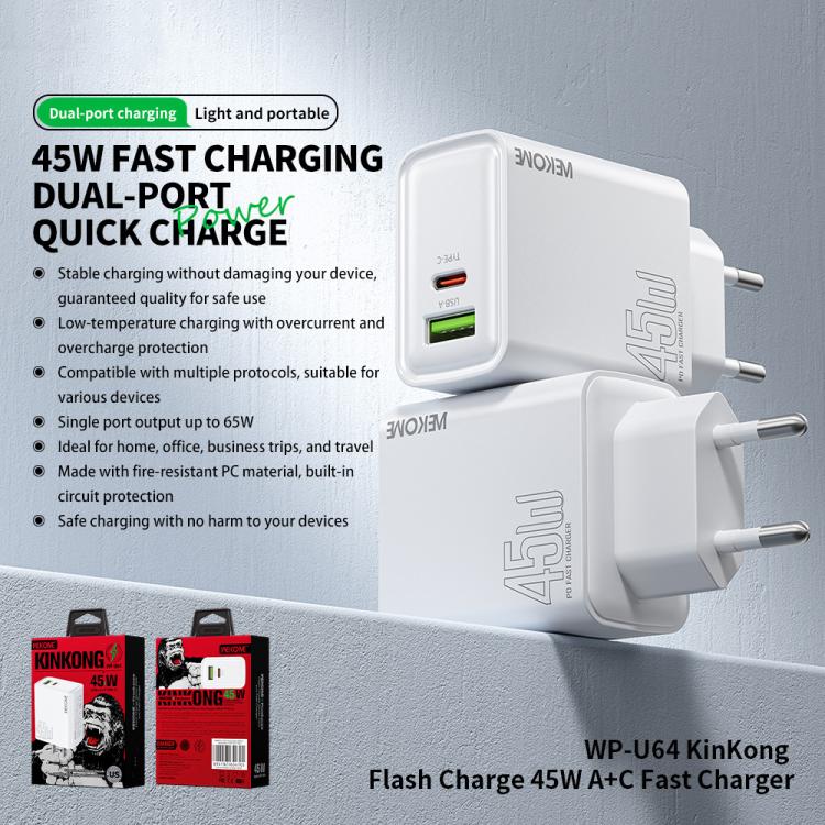 WK WP-U64 ที่ชาร์จเร็ว Kinkong Flash Charge 45W USB+Type-C, ปลั๊ก EU, ปลั๊ก UK, ปลั๊ก US