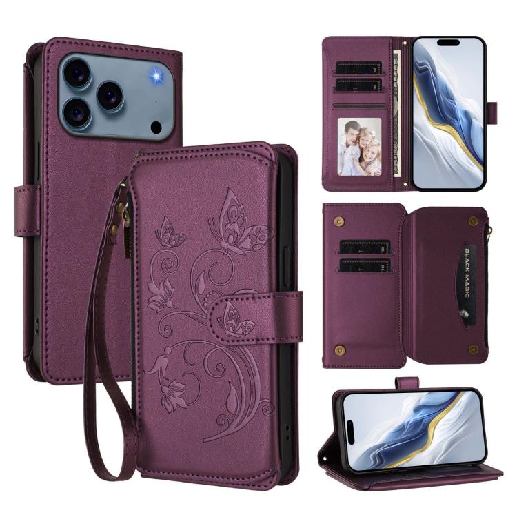 เคสโทรศัพท์หนังกระเป๋าซิปใส่บัตรหลายใบ Butterfly Love Flower สำหรับ iPhone 17e / 16e, สำหรับ iPhone 17 Pro Max, สำหรับ iPhone 17 Pro, สำหรับ iPhone 17, สำหรับ iPhone Air, สำหรับ iPhone 16 Pro Max