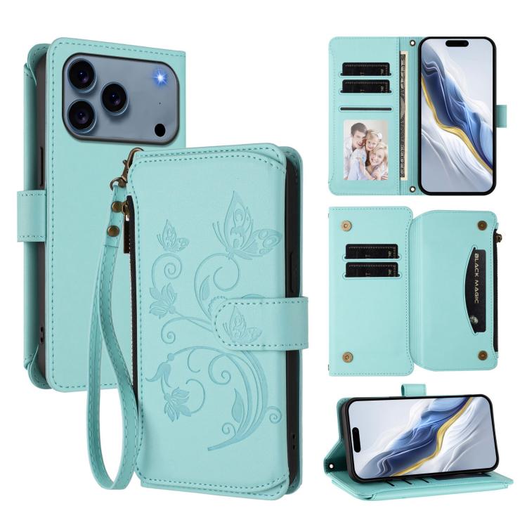 เคสโทรศัพท์หนังกระเป๋าซิปใส่บัตรหลายใบ Butterfly Love Flower สำหรับ iPhone 17e / 16e, สำหรับ iPhone 17 Pro Max, สำหรับ iPhone 17 Pro, สำหรับ iPhone 17, สำหรับ iPhone Air, สำหรับ iPhone 16 Pro Max
