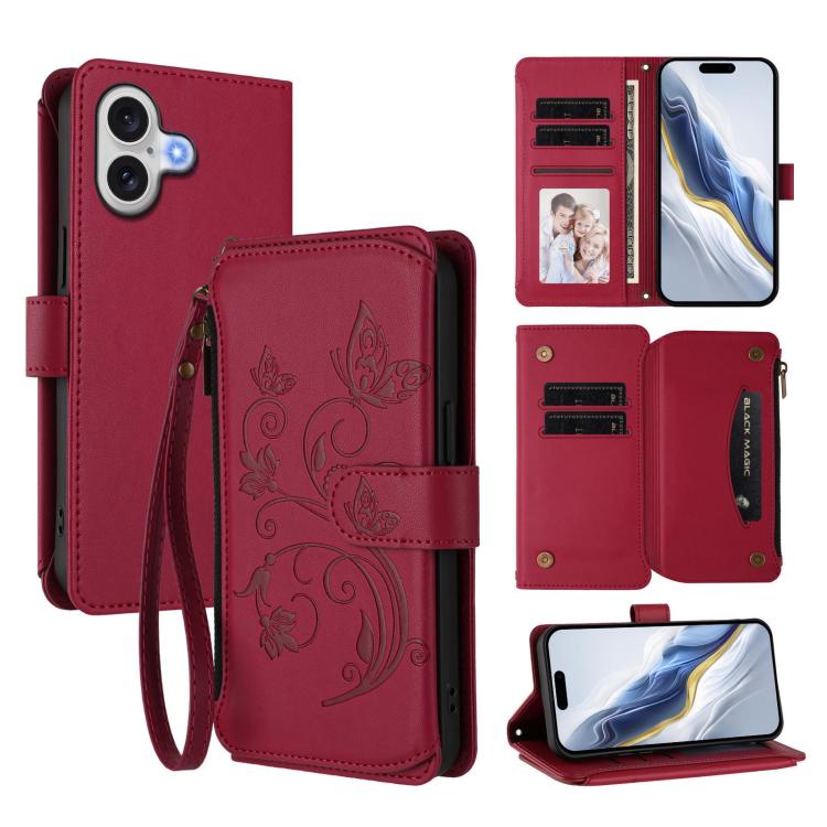 เคสโทรศัพท์หนังกระเป๋าซิปใส่บัตรหลายใบ Butterfly Love Flower สำหรับ iPhone 17e / 16e, สำหรับ iPhone 17 Pro Max, สำหรับ iPhone 17 Pro, สำหรับ iPhone 17, สำหรับ iPhone Air, สำหรับ iPhone 16 Pro Max