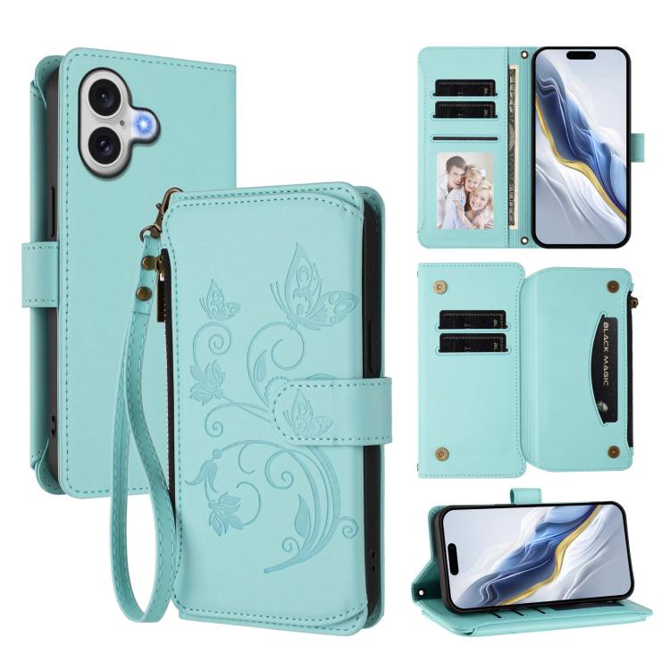 เคสโทรศัพท์หนังกระเป๋าซิปใส่บัตรหลายใบ Butterfly Love Flower สำหรับ iPhone 17e / 16e, สำหรับ iPhone 17 Pro Max, สำหรับ iPhone 17 Pro, สำหรับ iPhone 17, สำหรับ iPhone Air, สำหรับ iPhone 16 Pro Max