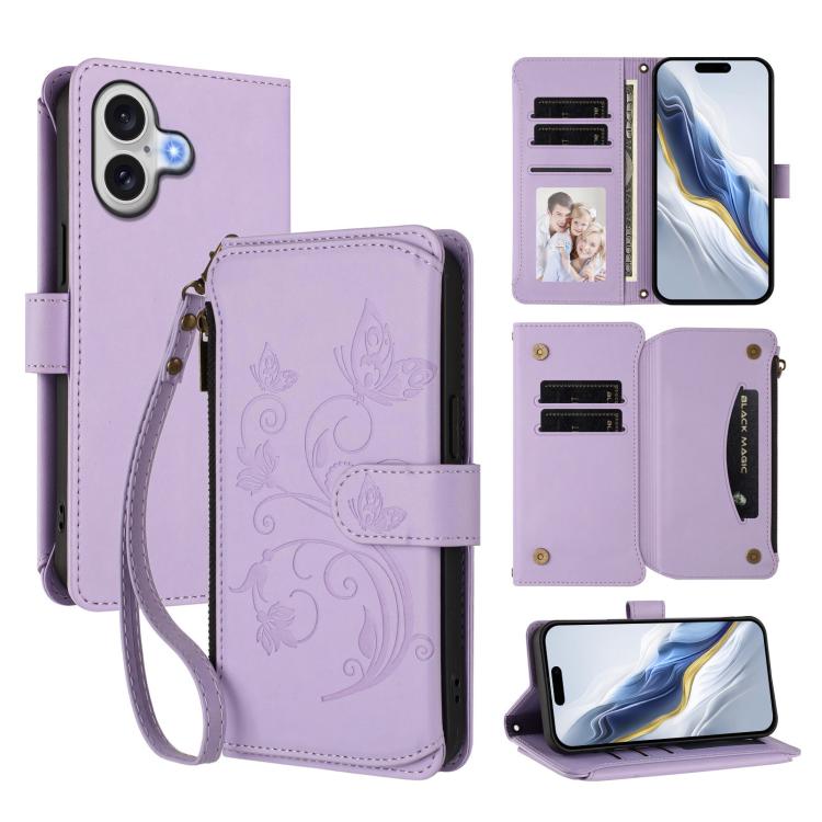 เคสโทรศัพท์หนังกระเป๋าซิปใส่บัตรหลายใบ Butterfly Love Flower สำหรับ iPhone 17e / 16e, สำหรับ iPhone 17 Pro Max, สำหรับ iPhone 17 Pro, สำหรับ iPhone 17, สำหรับ iPhone Air, สำหรับ iPhone 16 Pro Max