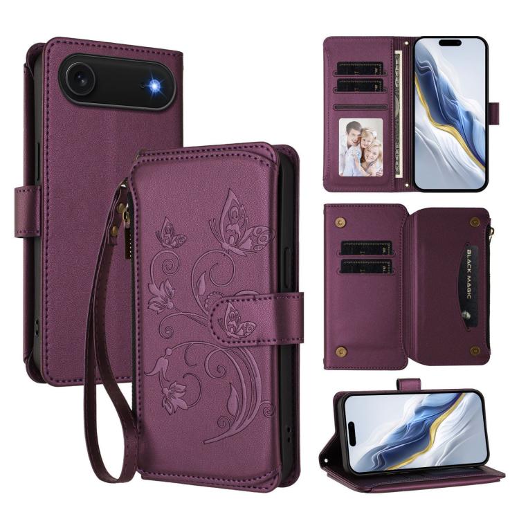 เคสโทรศัพท์หนังกระเป๋าซิปใส่บัตรหลายใบ Butterfly Love Flower สำหรับ iPhone 17e / 16e, สำหรับ iPhone 17 Pro Max, สำหรับ iPhone 17 Pro, สำหรับ iPhone 17, สำหรับ iPhone Air, สำหรับ iPhone 16 Pro Max