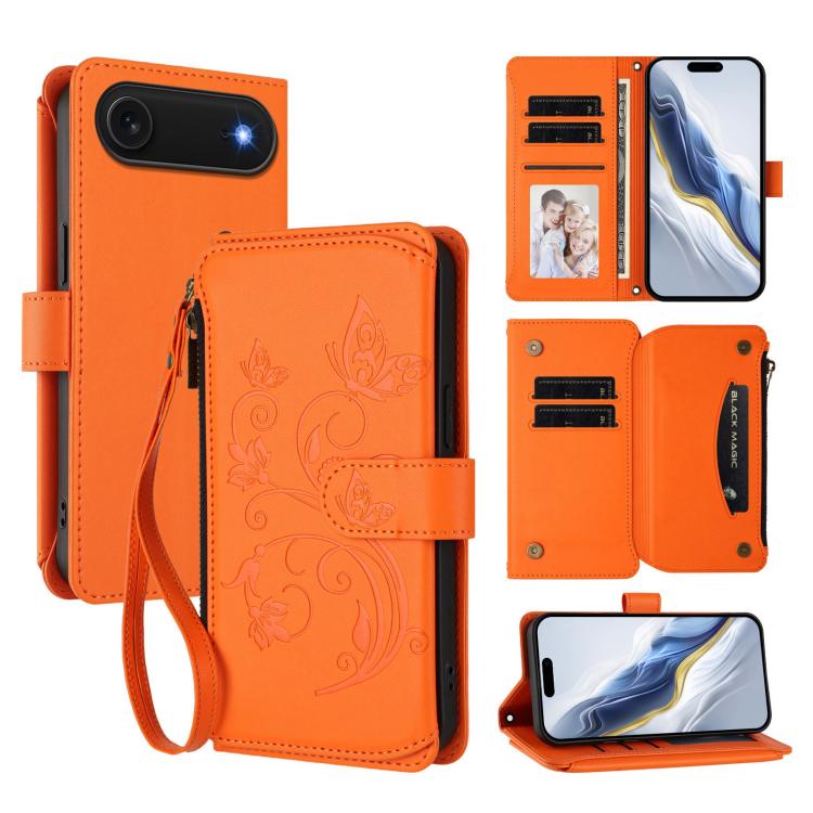 เคสโทรศัพท์หนังกระเป๋าซิปใส่บัตรหลายใบ Butterfly Love Flower สำหรับ iPhone 17e / 16e, สำหรับ iPhone 17 Pro Max, สำหรับ iPhone 17 Pro, สำหรับ iPhone 17, สำหรับ iPhone Air, สำหรับ iPhone 16 Pro Max