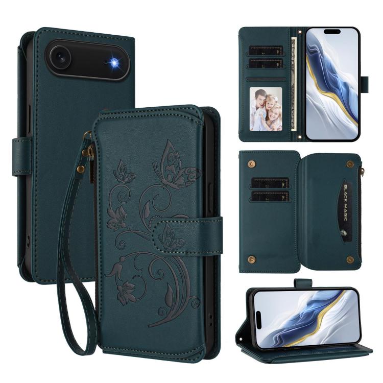 เคสโทรศัพท์หนังกระเป๋าซิปใส่บัตรหลายใบ Butterfly Love Flower สำหรับ iPhone 17e / 16e, สำหรับ iPhone 17 Pro Max, สำหรับ iPhone 17 Pro, สำหรับ iPhone 17, สำหรับ iPhone Air, สำหรับ iPhone 16 Pro Max