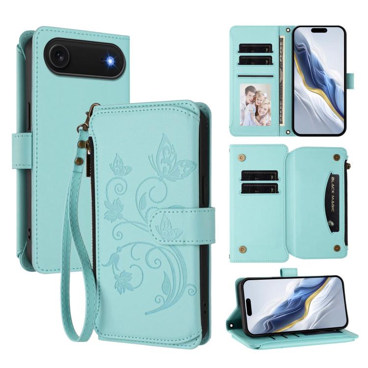 เคสโทรศัพท์หนังกระเป๋าซิปใส่บัตรหลายใบ Butterfly Love Flower สำหรับ iPhone 17e / 16e, สำหรับ iPhone 17 Pro Max, สำหรับ iPhone 17 Pro, สำหรับ iPhone 17, สำหรับ iPhone Air, สำหรับ iPhone 16 Pro Max