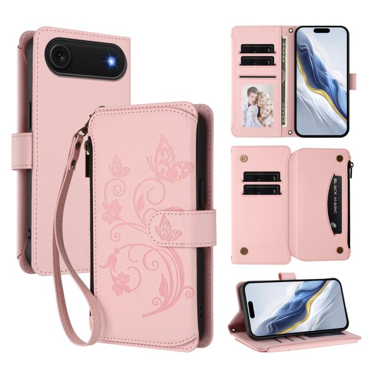 เคสโทรศัพท์หนังกระเป๋าซิปใส่บัตรหลายใบ Butterfly Love Flower สำหรับ iPhone 17e / 16e, สำหรับ iPhone 17 Pro Max, สำหรับ iPhone 17 Pro, สำหรับ iPhone 17, สำหรับ iPhone Air, สำหรับ iPhone 16 Pro Max