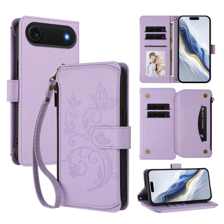 เคสโทรศัพท์หนังกระเป๋าซิปใส่บัตรหลายใบ Butterfly Love Flower สำหรับ iPhone 17e / 16e, สำหรับ iPhone 17 Pro Max, สำหรับ iPhone 17 Pro, สำหรับ iPhone 17, สำหรับ iPhone Air, สำหรับ iPhone 16 Pro Max
