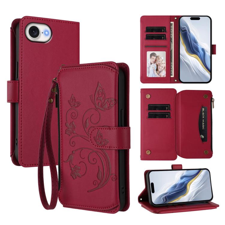 เคสโทรศัพท์หนังกระเป๋าซิปใส่บัตรหลายใบ Butterfly Love Flower สำหรับ iPhone 17e / 16e, สำหรับ iPhone 17 Pro Max, สำหรับ iPhone 17 Pro, สำหรับ iPhone 17, สำหรับ iPhone Air, สำหรับ iPhone 16 Pro Max