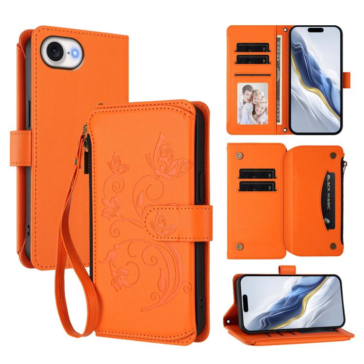 เคสโทรศัพท์หนังกระเป๋าซิปใส่บัตรหลายใบ Butterfly Love Flower สำหรับ iPhone 17e / 16e, สำหรับ iPhone 17 Pro Max, สำหรับ iPhone 17 Pro, สำหรับ iPhone 17, สำหรับ iPhone Air, สำหรับ iPhone 16 Pro Max