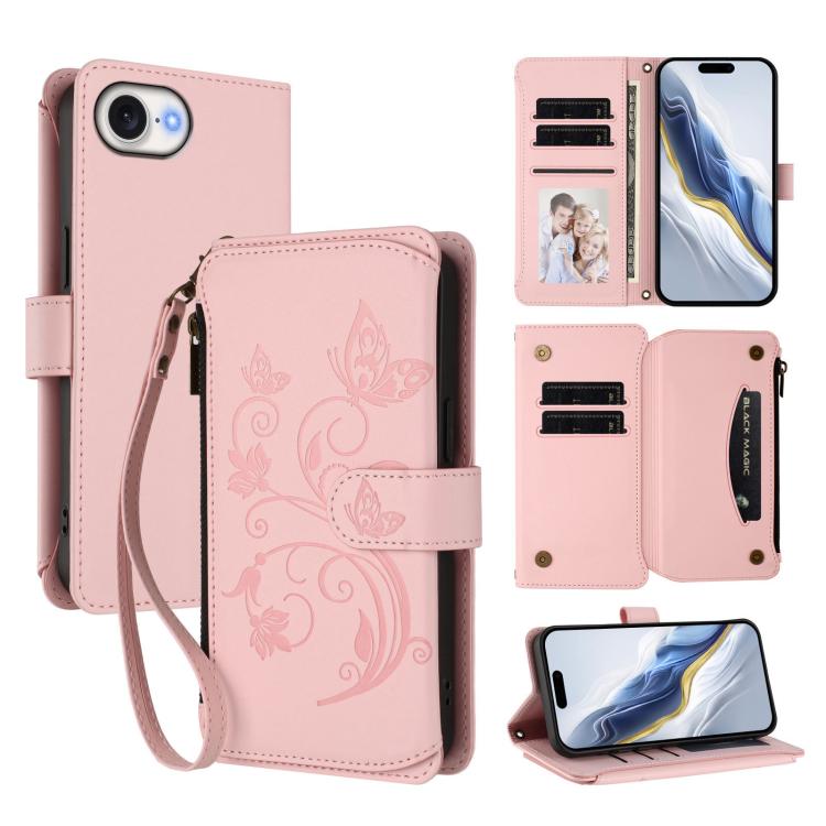 เคสโทรศัพท์หนังกระเป๋าซิปใส่บัตรหลายใบ Butterfly Love Flower สำหรับ iPhone 17e / 16e, สำหรับ iPhone 17 Pro Max, สำหรับ iPhone 17 Pro, สำหรับ iPhone 17, สำหรับ iPhone Air, สำหรับ iPhone 16 Pro Max