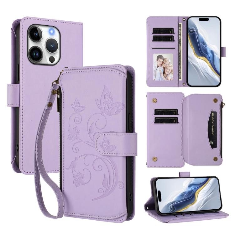 เคสโทรศัพท์หนังกระเป๋าซิปใส่บัตรหลายใบ Butterfly Love Flower สำหรับ iPhone 17e / 16e, สำหรับ iPhone 17 Pro Max, สำหรับ iPhone 17 Pro, สำหรับ iPhone 17, สำหรับ iPhone Air, สำหรับ iPhone 16 Pro Max