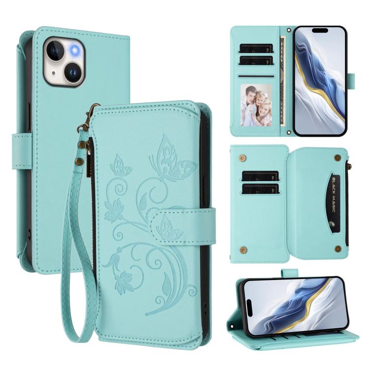 เคสโทรศัพท์หนังพร้อมซิปใส่บัตรหลายช่องลายดอกไม้รักผีเสื้อ สำหรับ iPhone 15, สำหรับ iPhone 14 Plus, สำหรับ iPhone 14 / 13, สำหรับ iPhone 14 Pro, สำหรับ iPhone 14 Pro Max, สำหรับ iPhone 7 / 8 / SE 2022