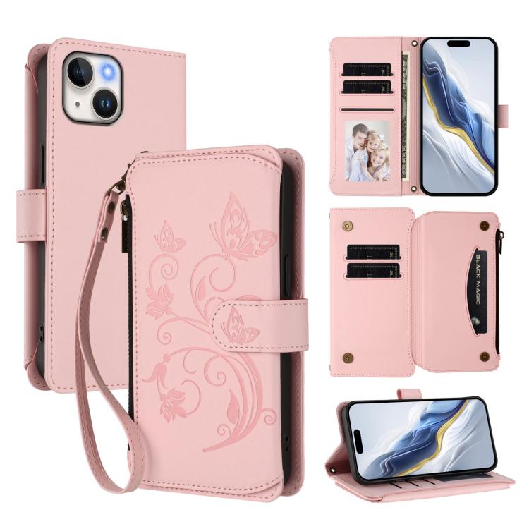 เคสโทรศัพท์หนังพร้อมซิปใส่บัตรหลายช่องลายดอกไม้รักผีเสื้อ สำหรับ iPhone 15, สำหรับ iPhone 14 Plus, สำหรับ iPhone 14 / 13, สำหรับ iPhone 14 Pro, สำหรับ iPhone 14 Pro Max, สำหรับ iPhone 7 / 8 / SE 2022