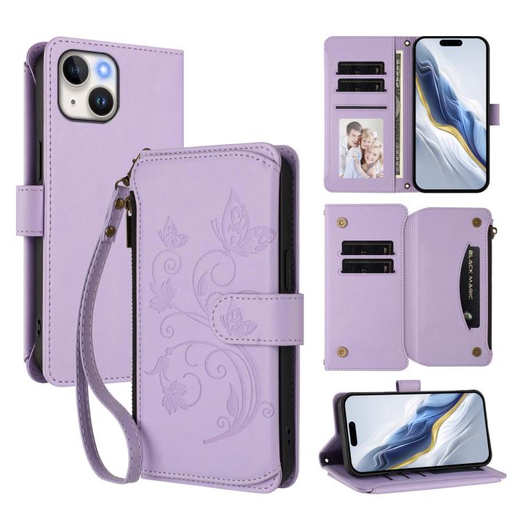 เคสโทรศัพท์หนังพร้อมซิปใส่บัตรหลายช่องลายดอกไม้รักผีเสื้อ สำหรับ iPhone 15, สำหรับ iPhone 14 Plus, สำหรับ iPhone 14 / 13, สำหรับ iPhone 14 Pro, สำหรับ iPhone 14 Pro Max, สำหรับ iPhone 7 / 8 / SE 2022