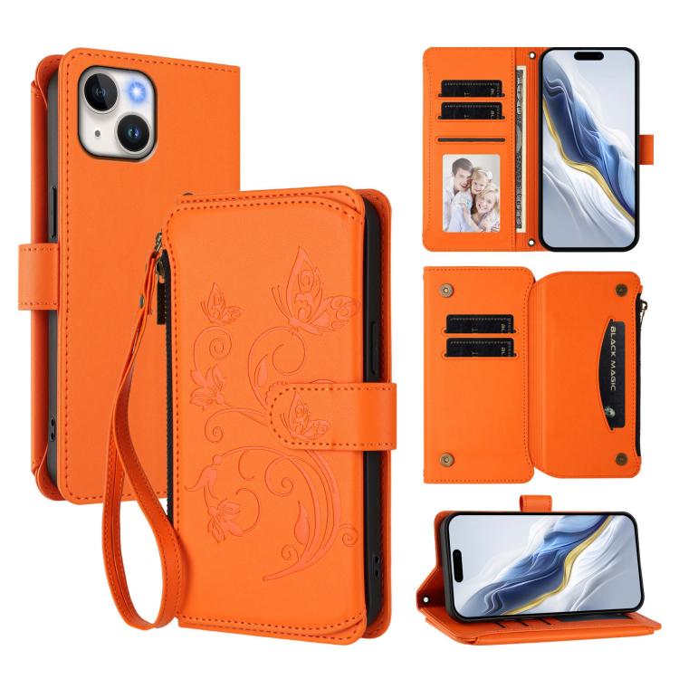 เคสโทรศัพท์หนังพร้อมซิปใส่บัตรหลายช่องลายดอกไม้รักผีเสื้อ สำหรับ iPhone 15, สำหรับ iPhone 14 Plus, สำหรับ iPhone 14 / 13, สำหรับ iPhone 14 Pro, สำหรับ iPhone 14 Pro Max, สำหรับ iPhone 7 / 8 / SE 2022