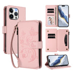 เคสโทรศัพท์หนังพร้อมซิปใส่บัตรหลายช่องลายดอกไม้รักผีเสื้อ สำหรับ iPhone 15, สำหรับ iPhone 14 Plus, สำหรับ iPhone 14 / 13, สำหรับ iPhone 14 Pro, สำหรับ iPhone 14 Pro Max, สำหรับ iPhone 7 / 8 / SE 2022