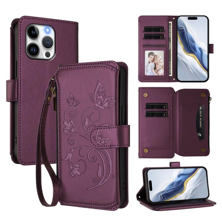 เคสโทรศัพท์หนังพร้อมซิปใส่บัตรหลายช่องลายดอกไม้รักผีเสื้อ สำหรับ iPhone 15, สำหรับ iPhone 14 Plus, สำหรับ iPhone 14 / 13, สำหรับ iPhone 14 Pro, สำหรับ iPhone 14 Pro Max, สำหรับ iPhone 7 / 8 / SE 2022