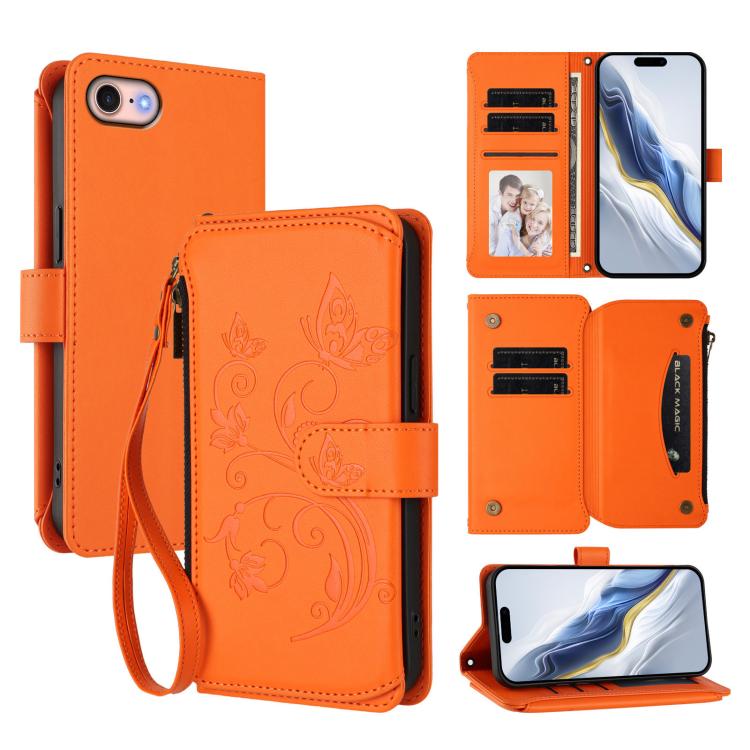 เคสโทรศัพท์หนังพร้อมซิปใส่บัตรหลายช่องลายดอกไม้รักผีเสื้อ สำหรับ iPhone 15, สำหรับ iPhone 14 Plus, สำหรับ iPhone 14 / 13, สำหรับ iPhone 14 Pro, สำหรับ iPhone 14 Pro Max, สำหรับ iPhone 7 / 8 / SE 2022