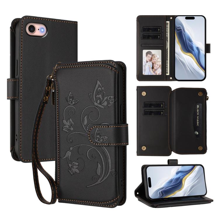 เคสโทรศัพท์หนังพร้อมซิปใส่บัตรหลายช่องลายดอกไม้รักผีเสื้อ สำหรับ iPhone 15, สำหรับ iPhone 14 Plus, สำหรับ iPhone 14 / 13, สำหรับ iPhone 14 Pro, สำหรับ iPhone 14 Pro Max, สำหรับ iPhone 7 / 8 / SE 2022