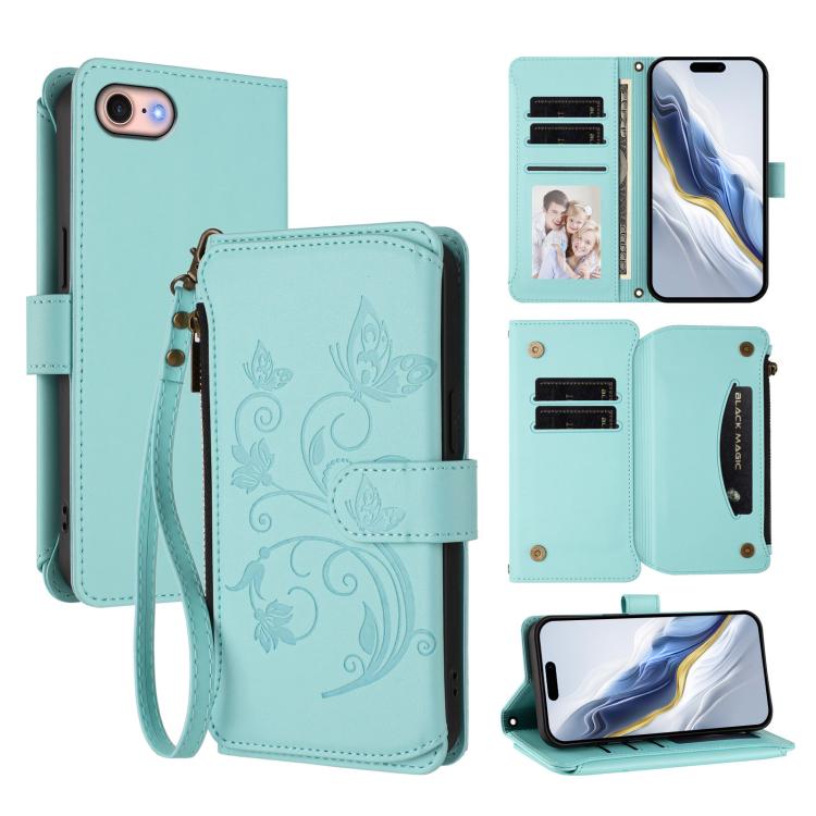 เคสโทรศัพท์หนังพร้อมซิปใส่บัตรหลายช่องลายดอกไม้รักผีเสื้อ สำหรับ iPhone 15, สำหรับ iPhone 14 Plus, สำหรับ iPhone 14 / 13, สำหรับ iPhone 14 Pro, สำหรับ iPhone 14 Pro Max, สำหรับ iPhone 7 / 8 / SE 2022