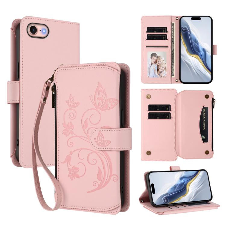 เคสโทรศัพท์หนังพร้อมซิปใส่บัตรหลายช่องลายดอกไม้รักผีเสื้อ สำหรับ iPhone 15, สำหรับ iPhone 14 Plus, สำหรับ iPhone 14 / 13, สำหรับ iPhone 14 Pro, สำหรับ iPhone 14 Pro Max, สำหรับ iPhone 7 / 8 / SE 2022