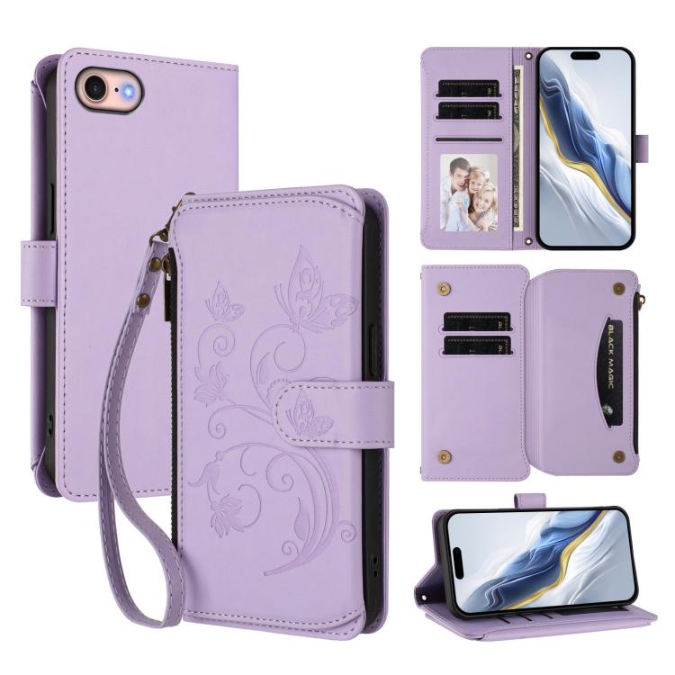 เคสโทรศัพท์หนังพร้อมซิปใส่บัตรหลายช่องลายดอกไม้รักผีเสื้อ สำหรับ iPhone 15, สำหรับ iPhone 14 Plus, สำหรับ iPhone 14 / 13, สำหรับ iPhone 14 Pro, สำหรับ iPhone 14 Pro Max, สำหรับ iPhone 7 / 8 / SE 2022