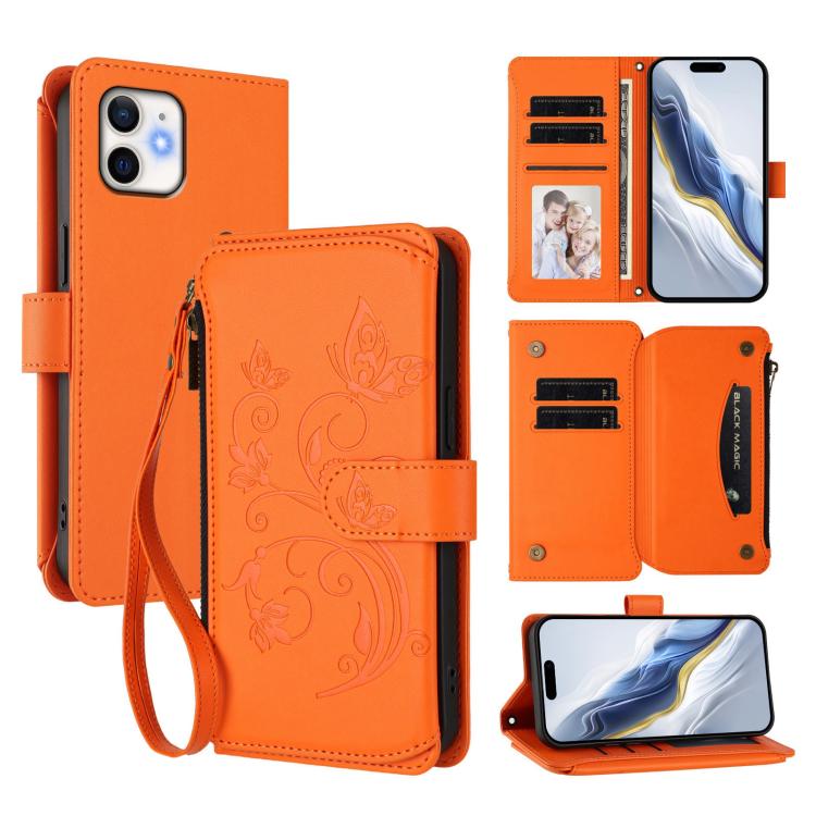 กระเป๋าสตางค์หนังซิปใส่บัตรหลายช่องลายผีเสื้อและดอกไม้ สำหรับ iPhone 11 Pro Max, iPhone 11, iPhone 11 Pro, iPhone X / XS, iPhone XR, iPhone XS Max