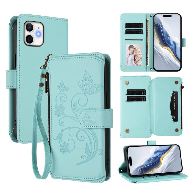 กระเป๋าสตางค์หนังซิปใส่บัตรหลายช่องลายผีเสื้อและดอกไม้ สำหรับ iPhone 11 Pro Max, iPhone 11, iPhone 11 Pro, iPhone X / XS, iPhone XR, iPhone XS Max