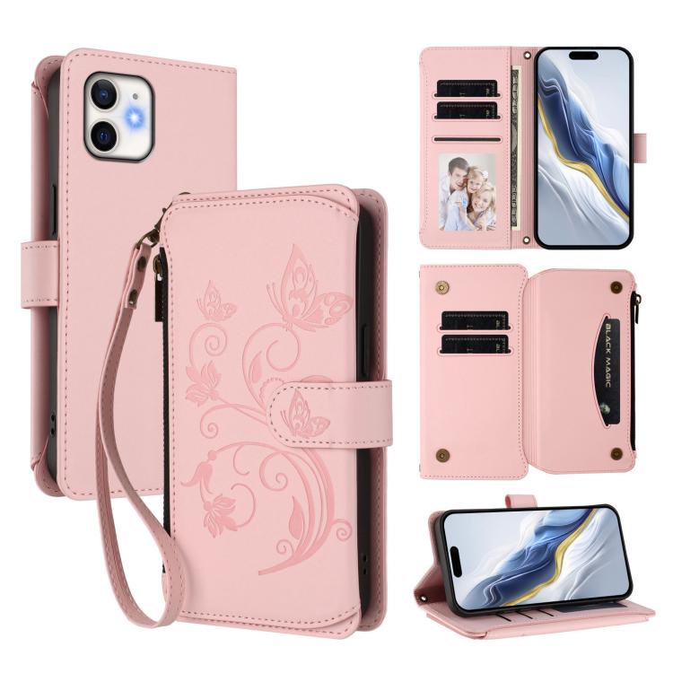กระเป๋าสตางค์หนังซิปใส่บัตรหลายช่องลายผีเสื้อและดอกไม้ สำหรับ iPhone 11 Pro Max, iPhone 11, iPhone 11 Pro, iPhone X / XS, iPhone XR, iPhone XS Max