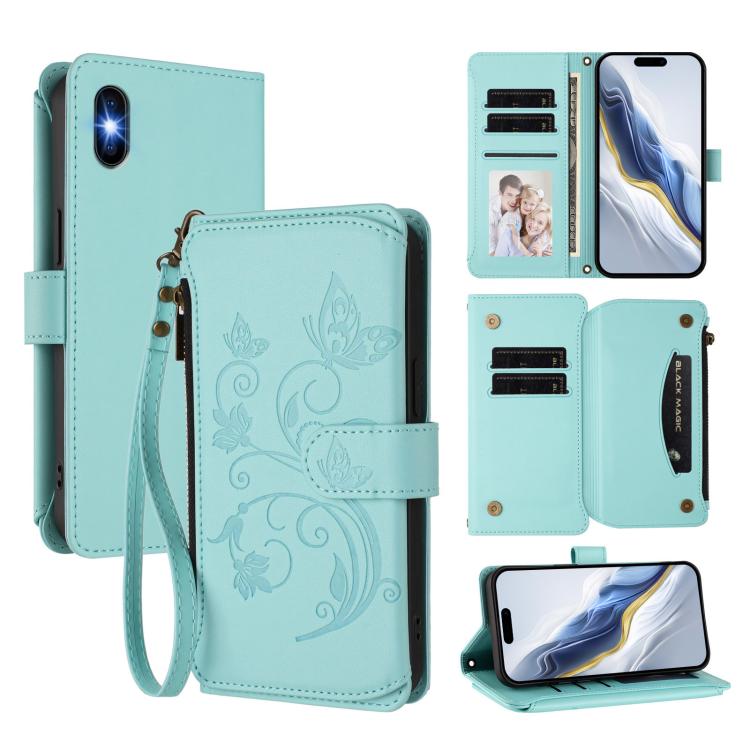 กระเป๋าสตางค์หนังซิปใส่บัตรหลายช่องลายผีเสื้อและดอกไม้ สำหรับ iPhone 11 Pro Max, iPhone 11, iPhone 11 Pro, iPhone X / XS, iPhone XR, iPhone XS Max