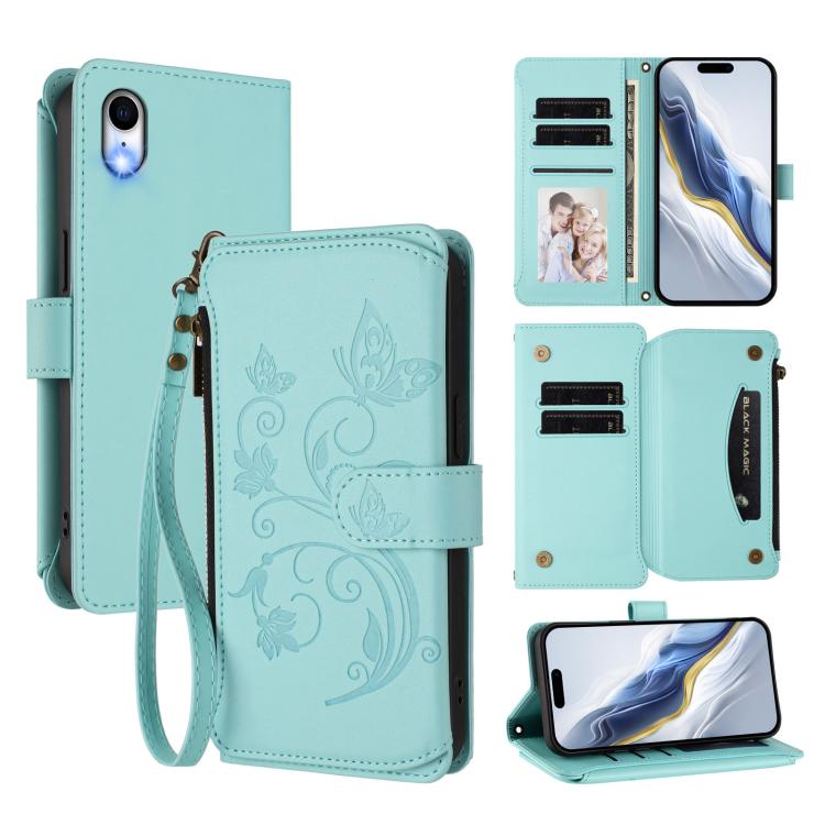 กระเป๋าสตางค์หนังซิปใส่บัตรหลายช่องลายผีเสื้อและดอกไม้ สำหรับ iPhone 11 Pro Max, iPhone 11, iPhone 11 Pro, iPhone X / XS, iPhone XR, iPhone XS Max