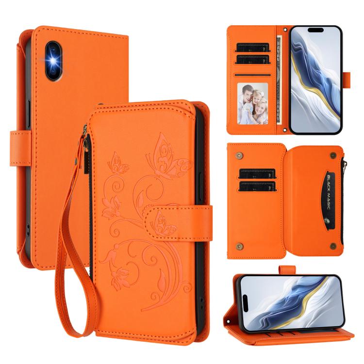 กระเป๋าสตางค์หนังซิปใส่บัตรหลายช่องลายผีเสื้อและดอกไม้ สำหรับ iPhone 11 Pro Max, iPhone 11, iPhone 11 Pro, iPhone X / XS, iPhone XR, iPhone XS Max