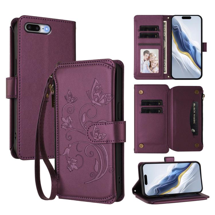 กระเป๋าสตางค์หนังซิปใส่บัตรหลายช่องลายผีเสื้อและดอกไม้ สำหรับ iPhone 7 Plus / 8 Plus