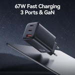 ที่ชาร์จเร็วขนาดเล็ก USAMS CC265 67W GaN 2 x Type-C, USB สามพอร์ต, CC265