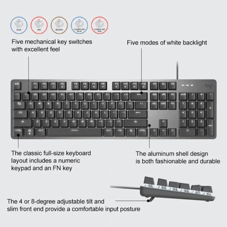 คีย์บอร์ดกลไกมีสาย Logitech K845 พร้อมไฟแบ็คไลท์ ความยาวสาย: 1.8 ม., สวิตช์ Longhua สีน้ำตาล, สวิตช์ Longhua สีแดง
