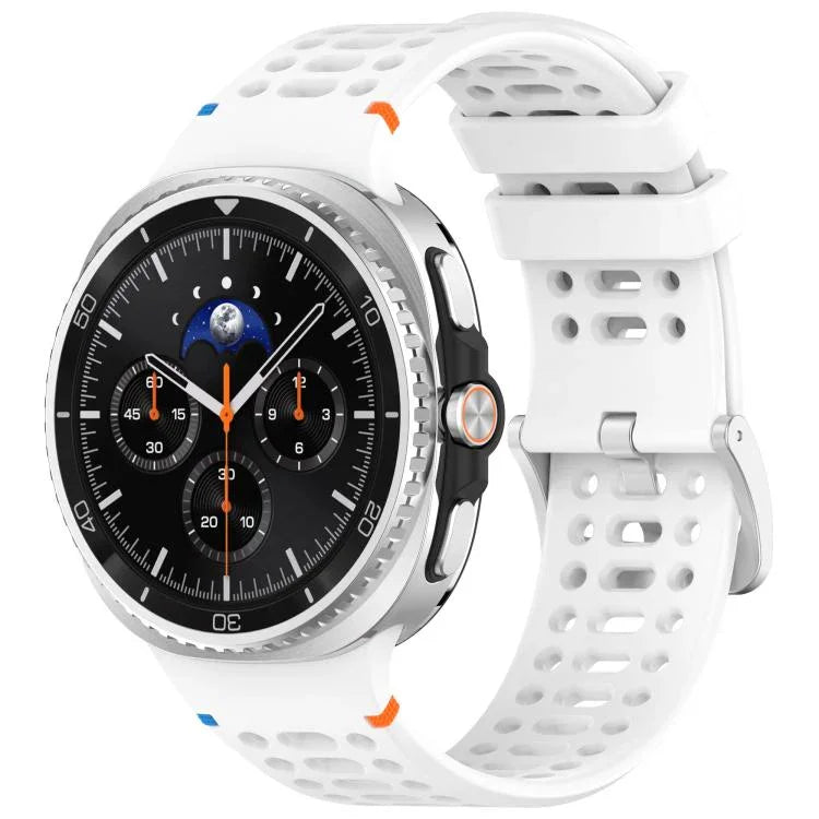 สายรัดนาฬิกาซิลิโคน xDfind ขอบหัวเข็มขัดเงินอัลลอย รูระบายอากาศ สำหรับ Samsung Galaxy Watch8 / Watch8 Classic