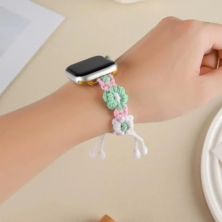 สายรัดนาฬิกาเชือกปอกระเจาแบบถักลายดอกไม้พร้อมสายรัด สำหรับ Apple Watch 46 มม. / 49 มม. / 45 มม. / 44 มม. สำหรับ Apple Watch 42 มม. / 41 มม. / 40 มม. / 38 มม.