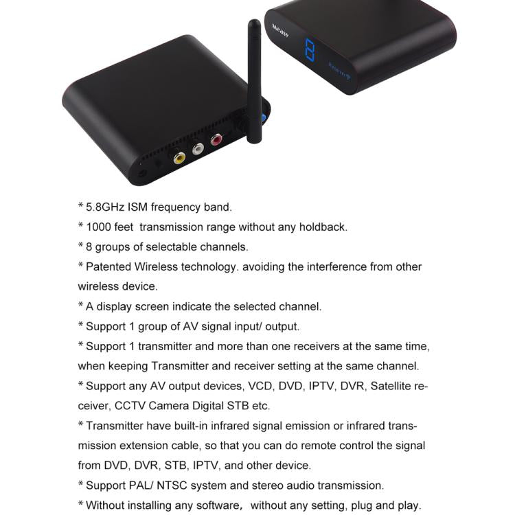 Measy AV530 เครื่องส่งและรับสัญญาณเสียง/วิดีโอไร้สาย 5.8GHz ระยะทาง: 300m, สีดำ AV530