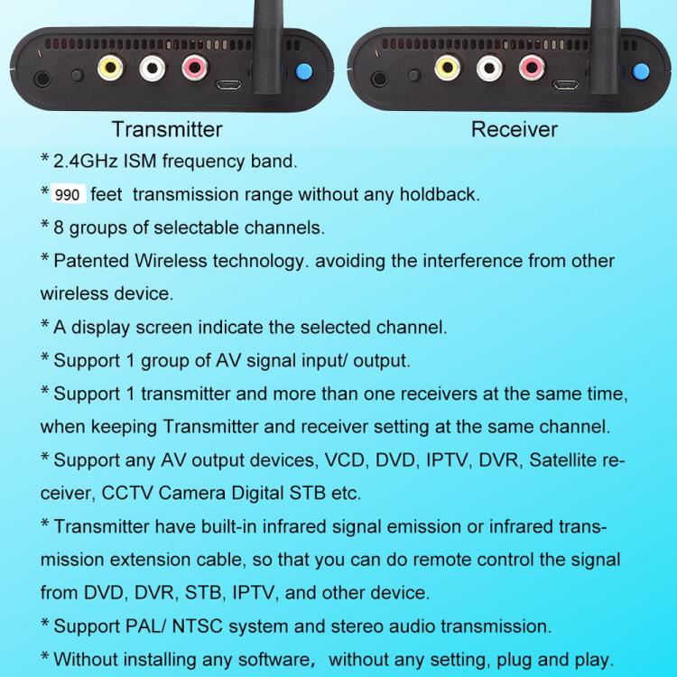 Measy AV230 เครื่องส่งและรับสัญญาณเสียง/วิดีโอไร้สาย 2.4GHz พร้อมฟังก์ชันส่งสัญญาณอินฟราเรดกลับ ระยะทาง: 300m, สีดำ AV230