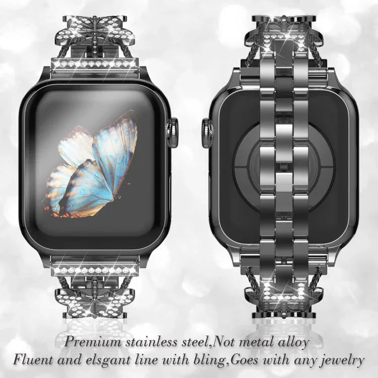 สายรัดนาฬิกาโลหะแข็งรูปผีเสื้อประดับเพชร xDfind สำหรับ Apple Watch ขนาด 42 / 44 / 45 / 46 / 49 มม., สำหรับ Apple Watch ขนาด 38 / 40 / 41 / S10 42 มม.