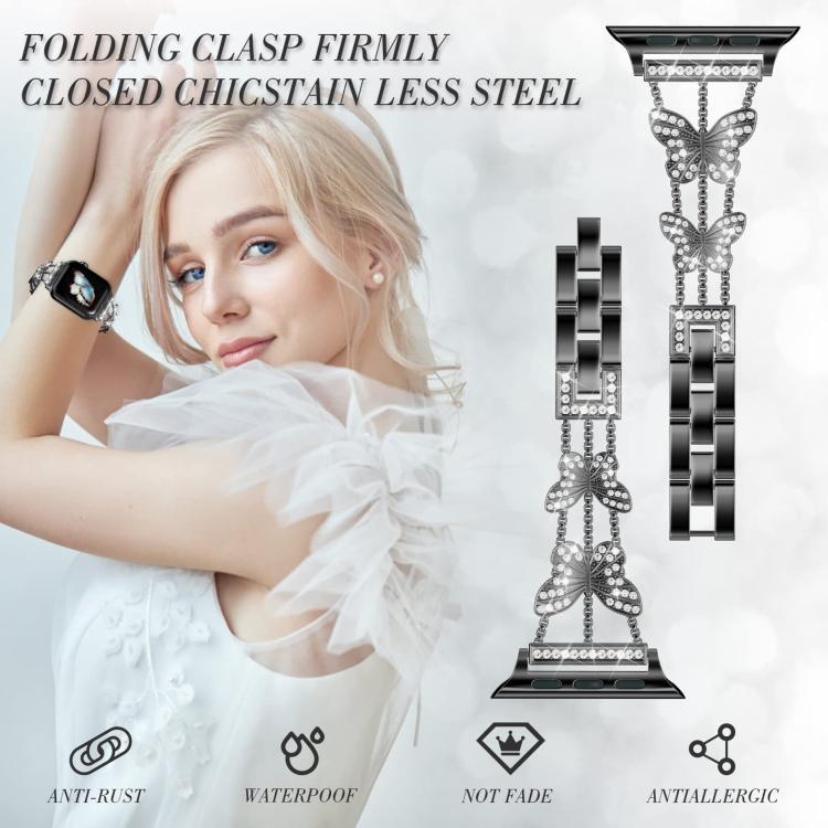 สายรัดนาฬิกาโลหะแข็งรูปผีเสื้อประดับเพชร xDfind สำหรับ Apple Watch ขนาด 42 / 44 / 45 / 46 / 49 มม., สำหรับ Apple Watch ขนาด 38 / 40 / 41 / S10 42 มม.