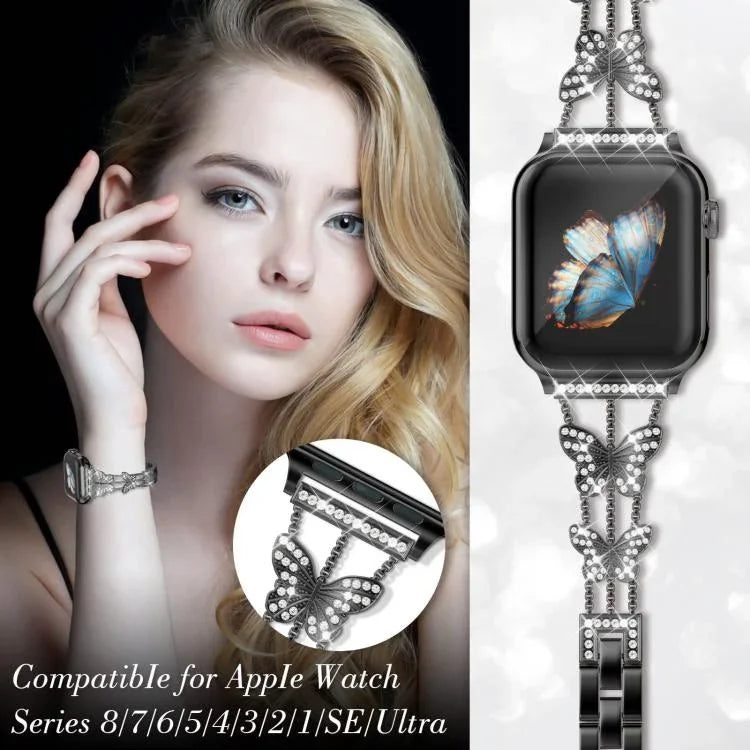 สายรัดนาฬิกาโลหะแข็งรูปผีเสื้อประดับเพชร xDfind สำหรับ Apple Watch ขนาด 42 / 44 / 45 / 46 / 49 มม., สำหรับ Apple Watch ขนาด 38 / 40 / 41 / S10 42 มม.