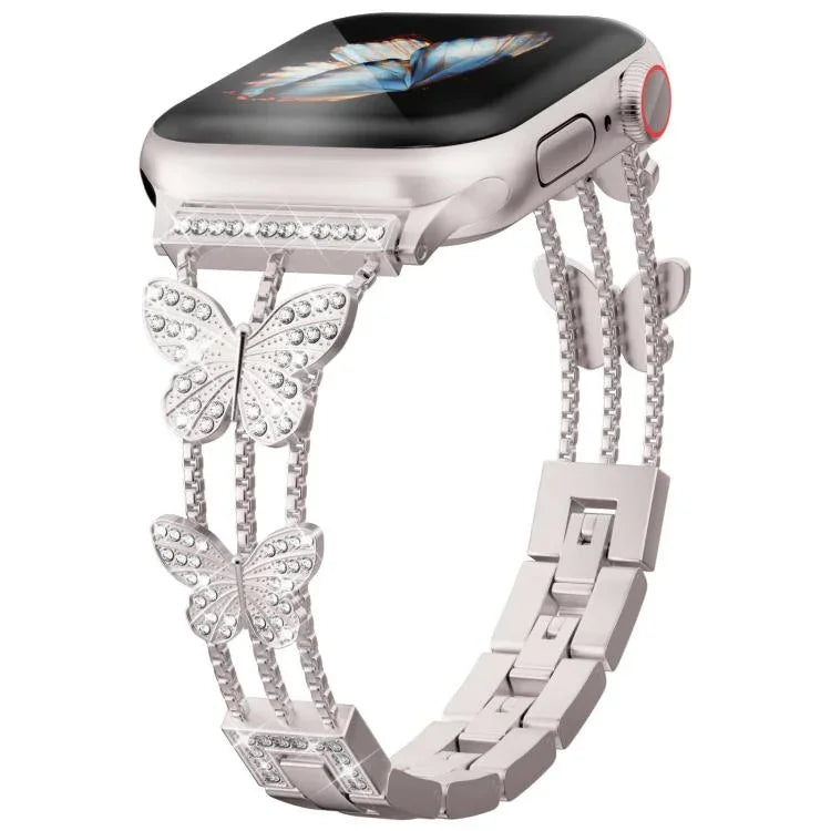 สายรัดนาฬิกาโลหะแข็งรูปผีเสื้อประดับเพชร xDfind สำหรับ Apple Watch ขนาด 42 / 44 / 45 / 46 / 49 มม., สำหรับ Apple Watch ขนาด 38 / 40 / 41 / S10 42 มม.