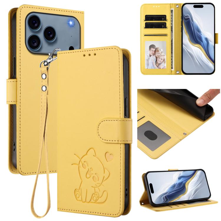 เคสโทรศัพท์หนังลายหัวใจแมวปั๊มพร้อมสายคล้องมือ สำหรับ iPhone 17e / 16e, สำหรับ iPhone 17 Pro Max, สำหรับ iPhone 17 Pro, สำหรับ iPhone 17
