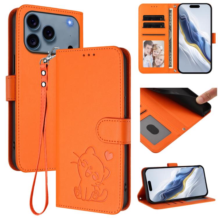 เคสโทรศัพท์หนังลายหัวใจแมวปั๊มพร้อมสายคล้องมือ สำหรับ iPhone 17e / 16e, สำหรับ iPhone 17 Pro Max, สำหรับ iPhone 17 Pro, สำหรับ iPhone 17