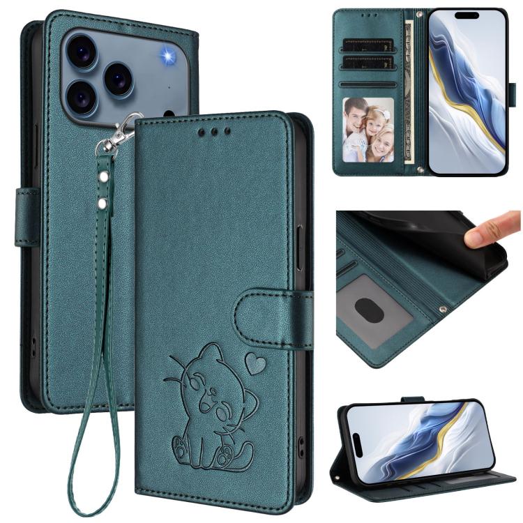 เคสโทรศัพท์หนังลายหัวใจแมวปั๊มพร้อมสายคล้องมือ สำหรับ iPhone 17e / 16e, สำหรับ iPhone 17 Pro Max, สำหรับ iPhone 17 Pro, สำหรับ iPhone 17